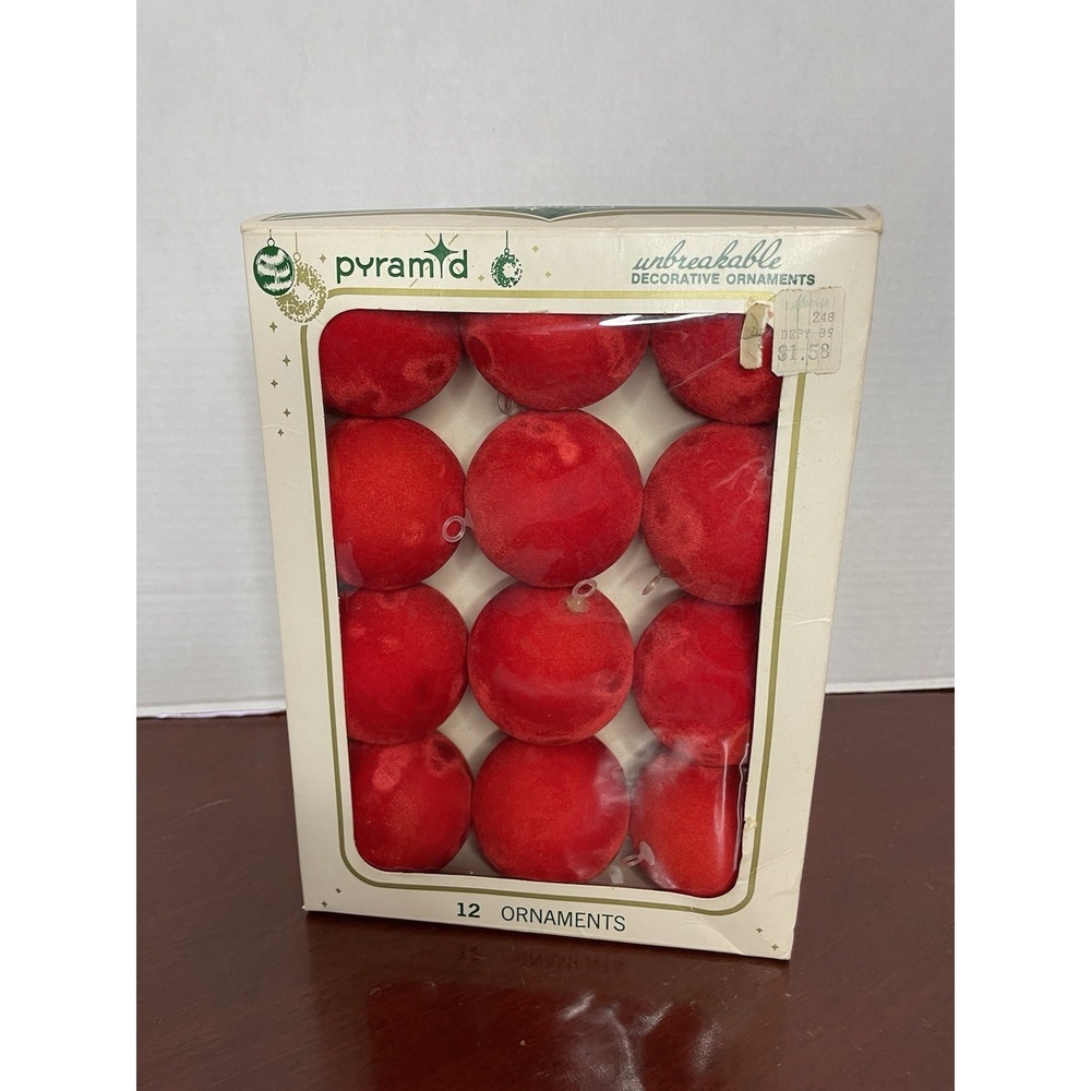 Vintage Velvet Velveteen Unbreakable Christmas Ball Ornaments Red Box Of 12 2"
